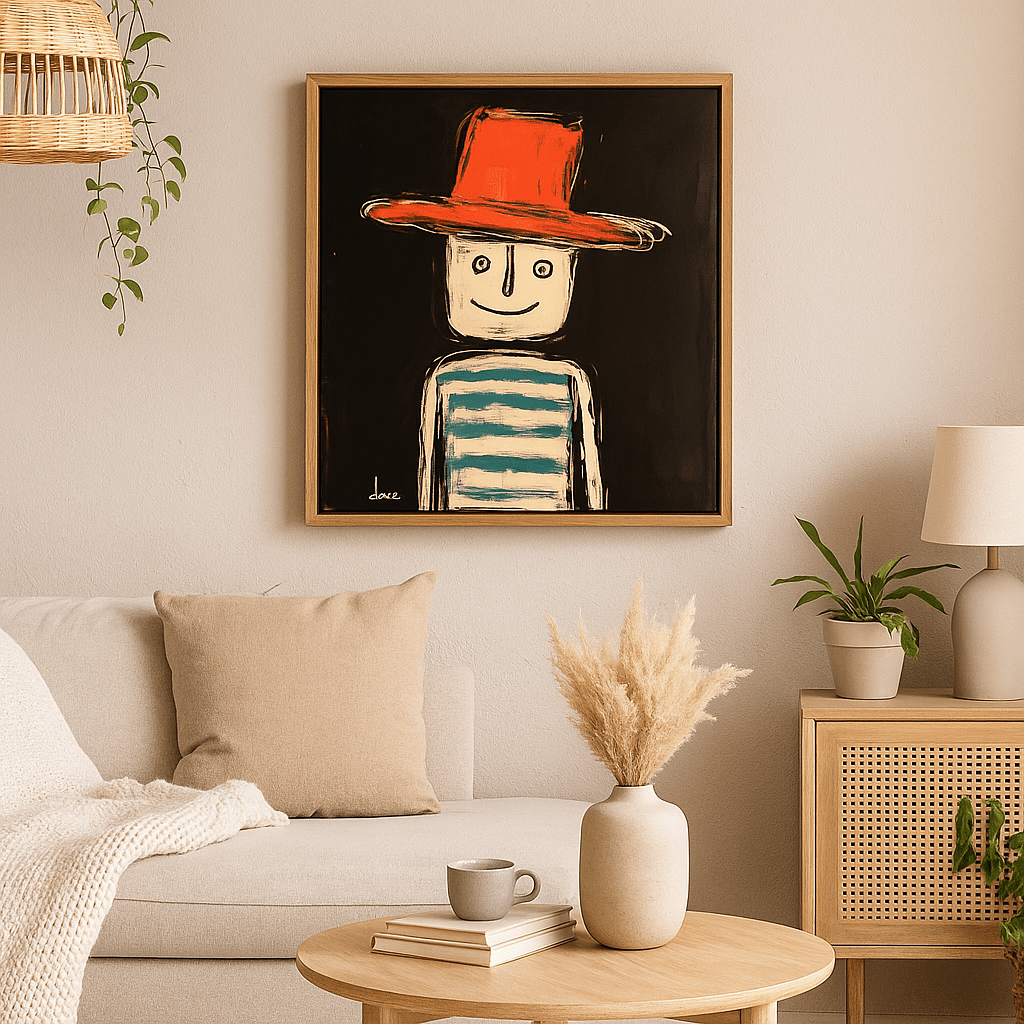 Canvas Print: The Red Hat – Playful Modern Canvas Print for Cozy Interiors modern abstract canvas wall art by Rossetti Art – luxury interior design artwork for living room, bedroom, office – canvas print art Chiara Rossetti figurative