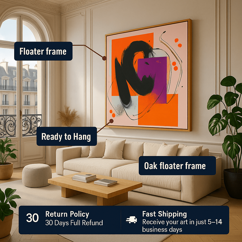 Canvas Print : Urban Vortex - Abstract Canvas Print - Bold Orange Purple Modern Wall Art for Home modern abstract canvas wall art by Rossetti Art – luxury interior design artwork for living room, bedroom, office – black and white feminine canvas Contemporary Art for Sale contemporary art piece