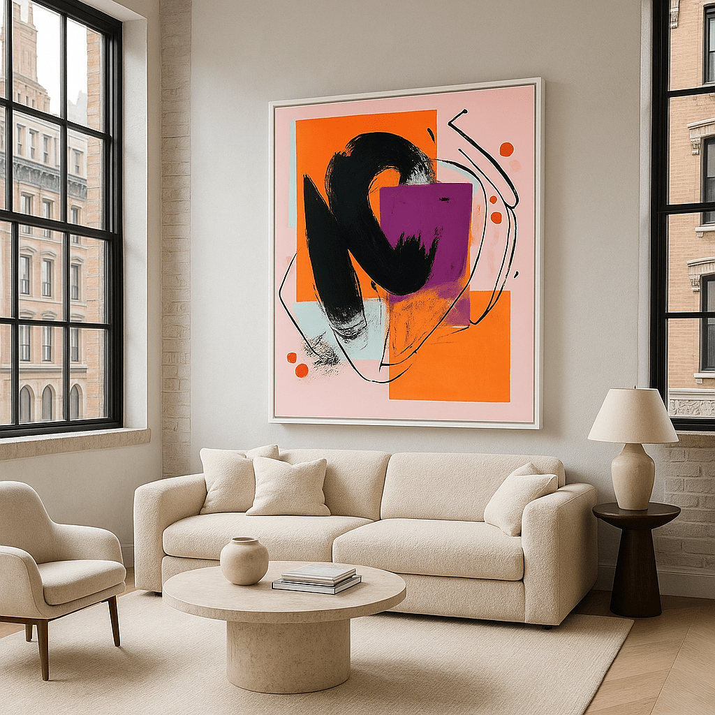 Canvas Print : Urban Vortex - Abstract Canvas Print - Bold Orange Purple Modern Wall Art for Home modern abstract canvas wall art by Rossetti Art – luxury interior design artwork for living room, bedroom, office – black and white feminine canvas Contemporary Art for Sale contemporary art piece