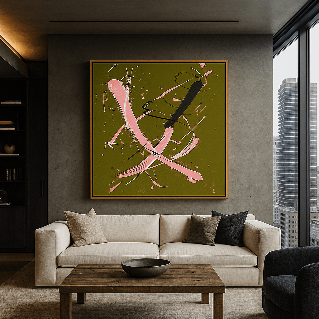 Canvas Print: Velvet Motion – Abstract Expressionist Canvas Print in Olive and Pink modern abstract canvas wall art by Rossetti Art – luxury interior design artwork for living room, bedroom, office – abstract wall art canvas print art Chiara Rossetti