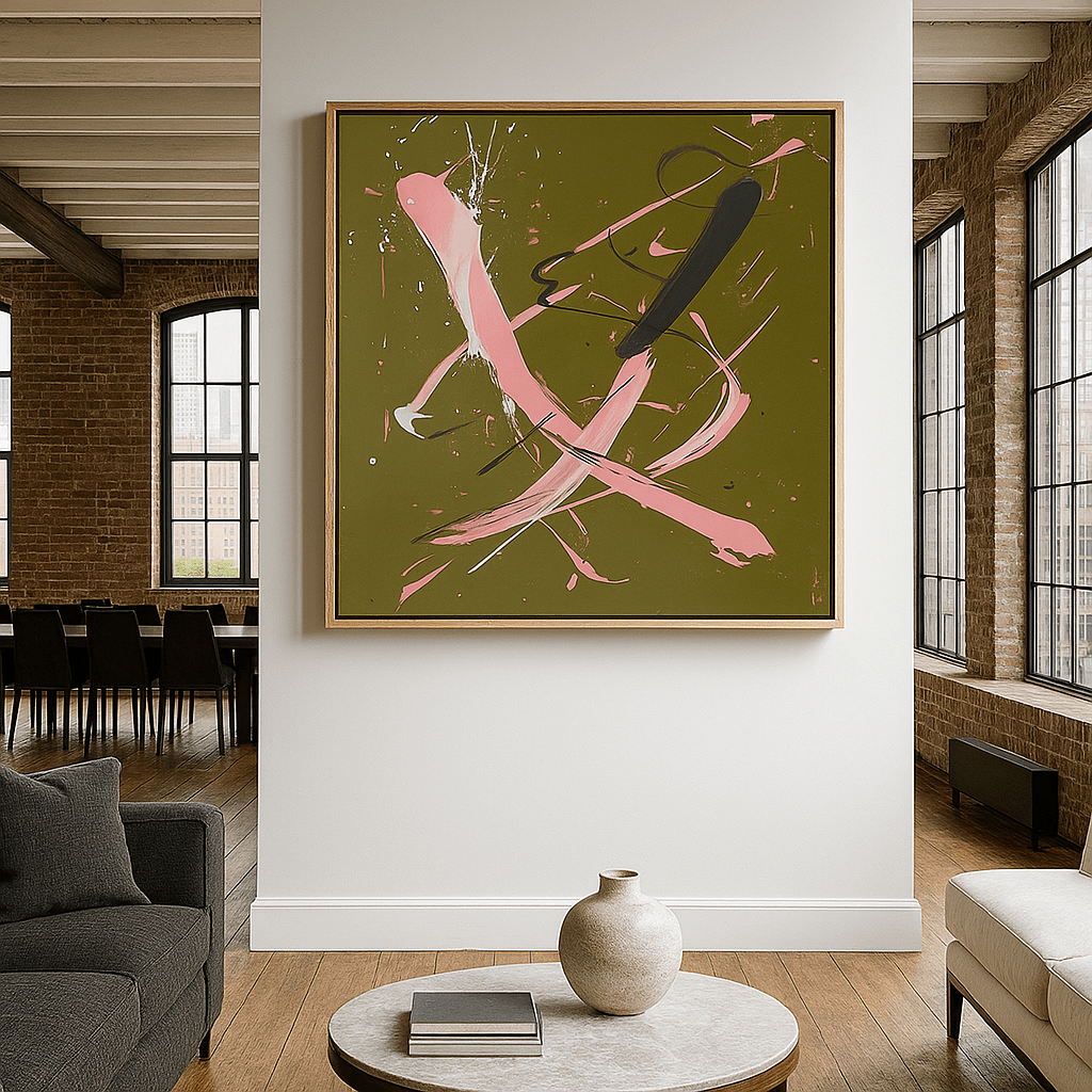 Canvas Print: Velvet Motion – Abstract Expressionist Canvas Print in Olive and Pink modern abstract canvas wall art by Rossetti Art – luxury interior design artwork for living room, bedroom, office – abstract wall art canvas print art Chiara Rossetti