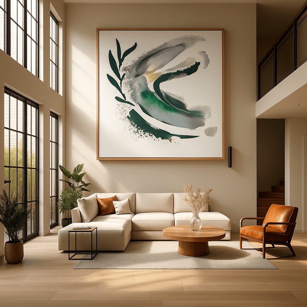 Abstract botanical canvas print displayed above a sectional sofa in a bright living room with floor-to-ceiling windows
