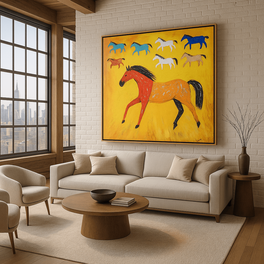 Canvas Print : Vibrant Horses - Colorful Horse Wall Art Print modern abstract canvas wall art by Rossetti Art – luxury interior design artwork for living room, bedroom, office – Abstract animal decor Artistic horse painting Contemporary animal art