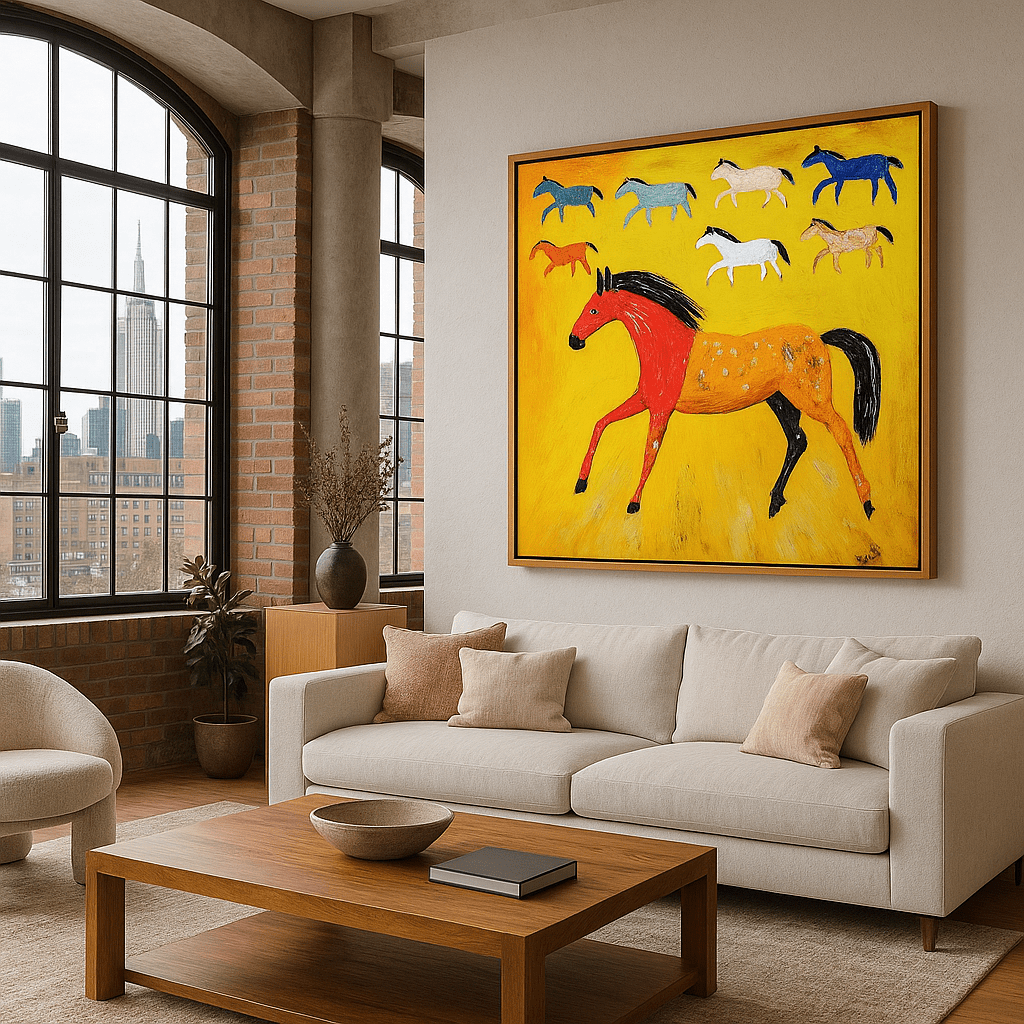 Canvas Print : Vibrant Horses - Colorful Horse Wall Art Print modern abstract canvas wall art by Rossetti Art – luxury interior design artwork for living room, bedroom, office – Abstract animal decor Artistic horse painting Contemporary animal art