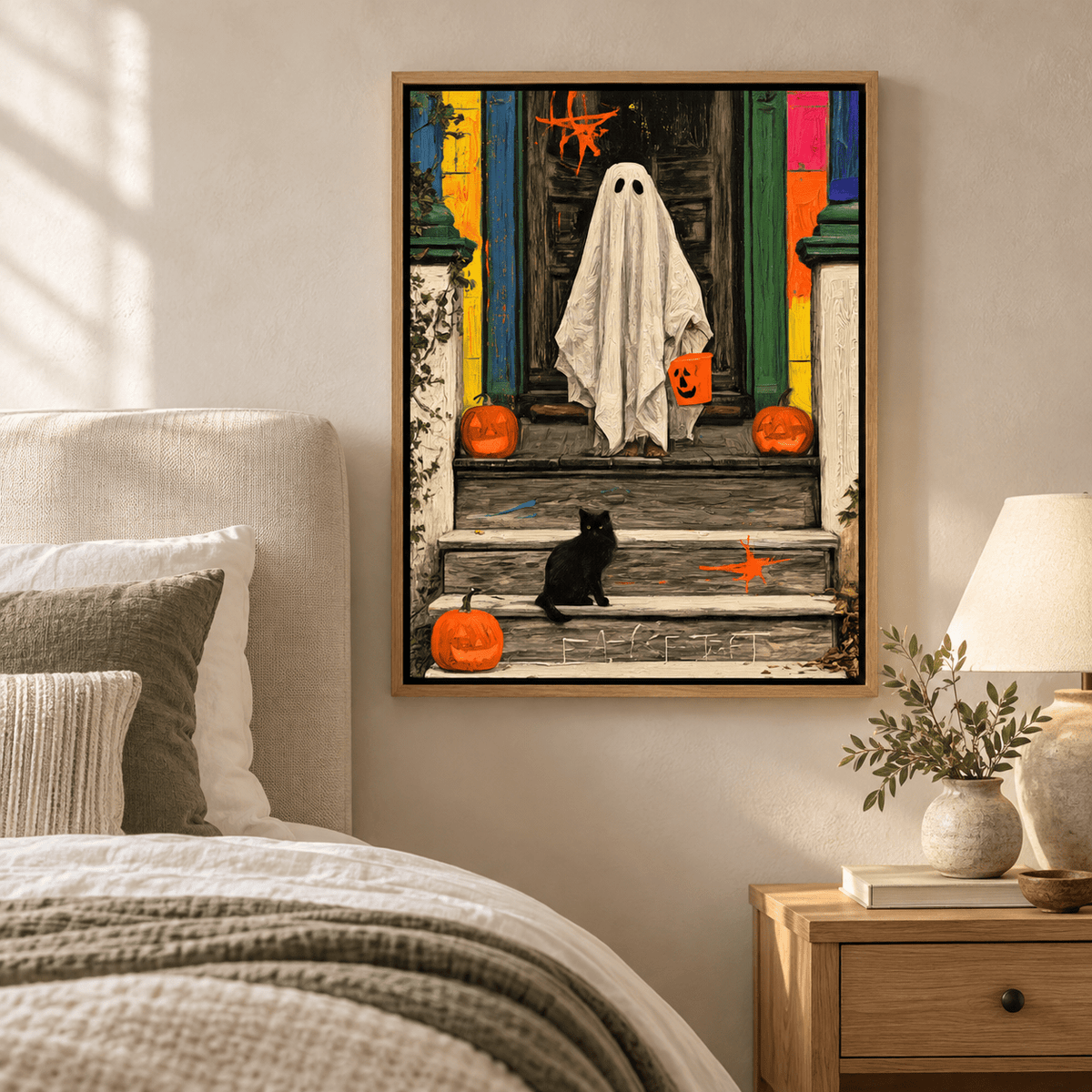 Vintage Halloween Wall Art – The Porch Visitor ghost painting beside a bed by Rossetti Art