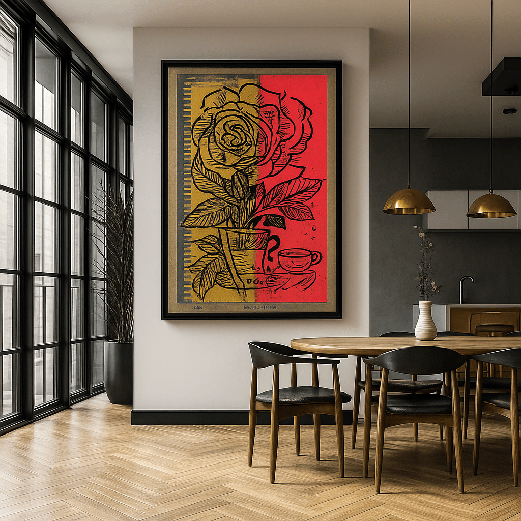 Canvas Print : Vintage Rose Reverie – Botanical Line Art Canvas Print in Red, Gold & Teal modern abstract canvas wall art by Rossetti Art – luxury interior design artwork for living room, bedroom, office – large abstract art large canvas artwork large geometric wall art for living room