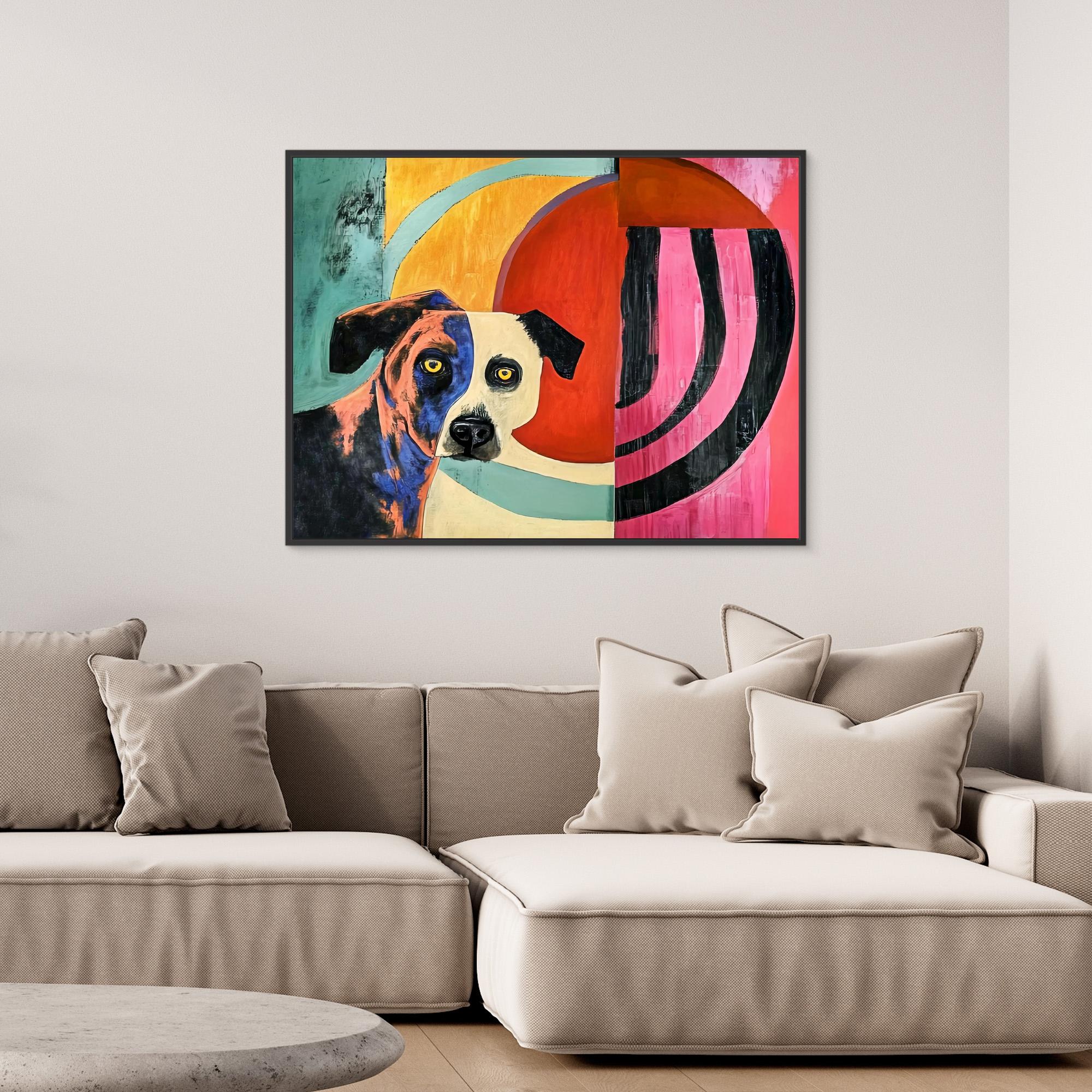 Canvas Print : Vivid Canine Expression - Abstract Dog Painting on Canvas modern abstract canvas wall art by Rossetti Art – luxury interior design artwork for living room, bedroom, office – Abstract animal decor Contemporary animal art dog portrait pop art