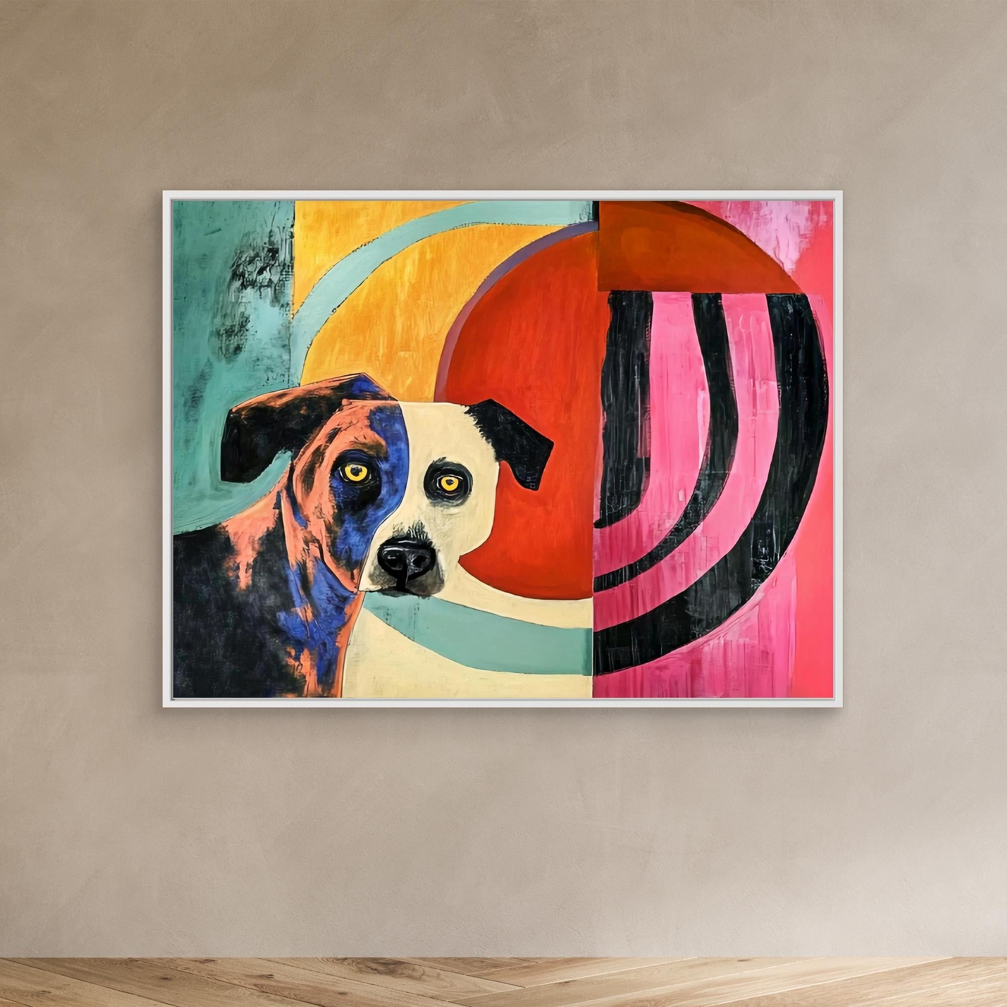 Canvas Print : Vivid Canine Expression - Abstract Dog Painting on Canvas modern abstract canvas wall art by Rossetti Art – luxury interior design artwork for living room, bedroom, office – Abstract animal decor Contemporary animal art dog portrait pop art