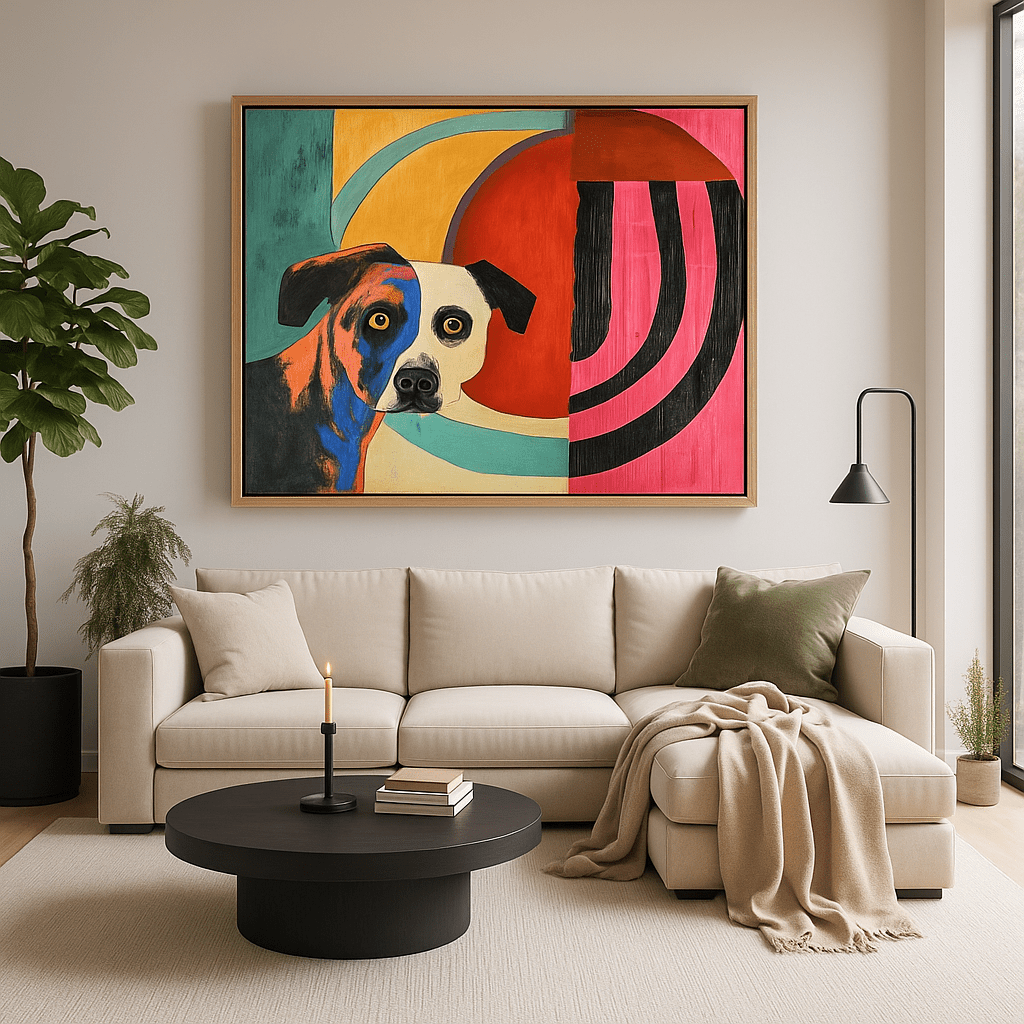Canvas Print : Vivid Canine Expression - Abstract Dog Painting on Canvas modern abstract canvas wall art by Rossetti Art – luxury interior design artwork for living room, bedroom, office – Abstract animal decor Contemporary animal art dog portrait pop art