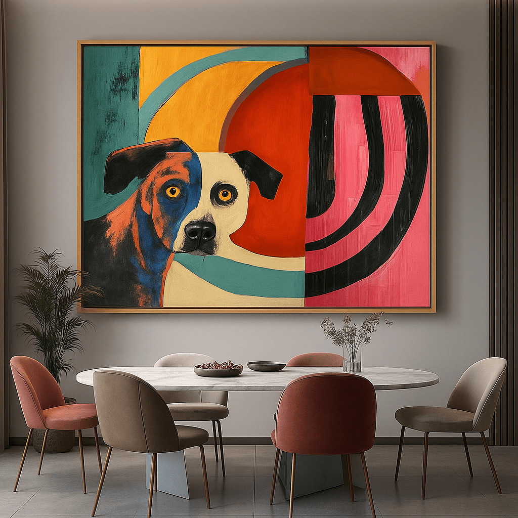 Canvas Print : Vivid Canine Expression - Abstract Dog Painting on Canvas modern abstract canvas wall art by Rossetti Art – luxury interior design artwork for living room, bedroom, office – Abstract animal decor Contemporary animal art dog portrait pop art