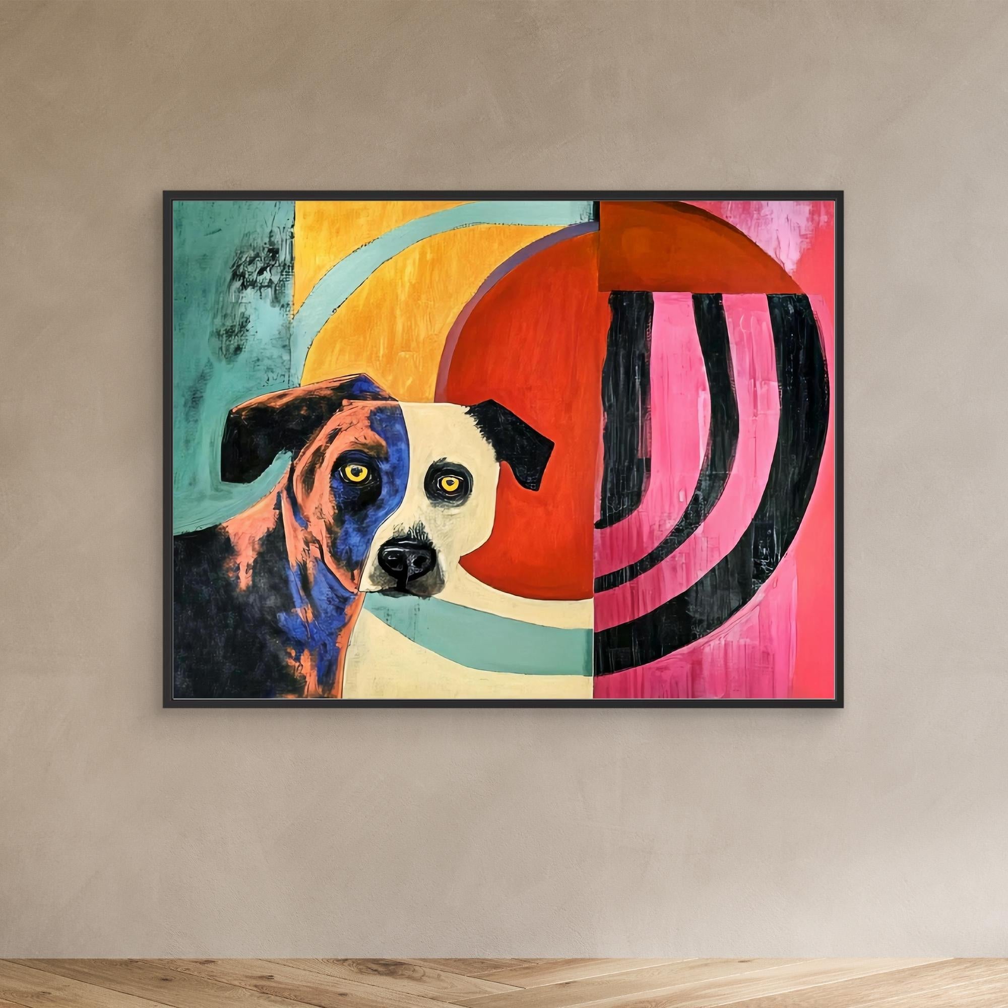 Canvas Print : Vivid Canine Expression - Abstract Dog Painting on Canvas modern abstract canvas wall art by Rossetti Art – luxury interior design artwork for living room, bedroom, office – Abstract animal decor Contemporary animal art dog portrait pop art
