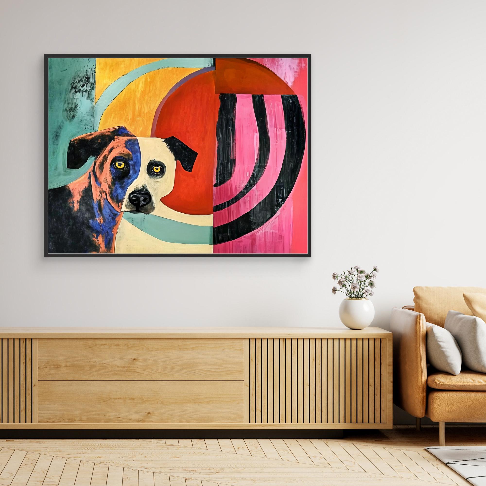 Canvas Print : Vivid Canine Expression - Abstract Dog Painting on Canvas modern abstract canvas wall art by Rossetti Art – luxury interior design artwork for living room, bedroom, office – Abstract animal decor Contemporary animal art dog portrait pop art