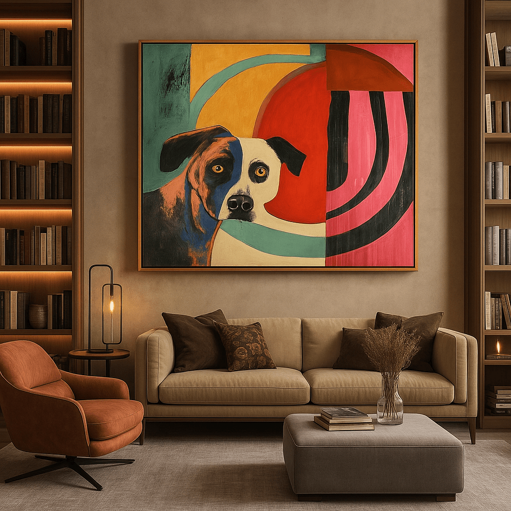 Canvas Print : Vivid Canine Expression - Abstract Dog Painting on Canvas modern abstract canvas wall art by Rossetti Art – luxury interior design artwork for living room, bedroom, office – Abstract animal decor Contemporary animal art dog portrait pop art