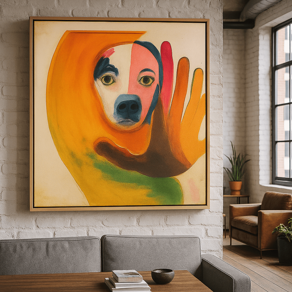 Canvas Print: "Vivid Reflection - Abstract Dog Portrait Art" modern abstract canvas wall art by Rossetti Art – luxury interior design artwork for living room, bedroom, office – Abstract Dog Canvas Bold Animal Art Pet Portrait Wall Art