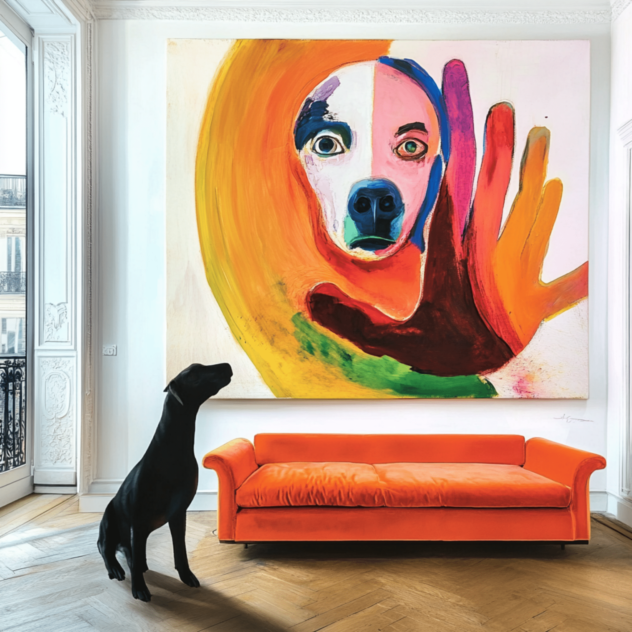 Canvas Print: "Vivid Reflection - Abstract Dog Portrait Art" modern abstract canvas wall art by Rossetti Art – luxury interior design artwork for living room, bedroom, office – Abstract Dog Canvas Bold Animal Art Pet Portrait Wall Art