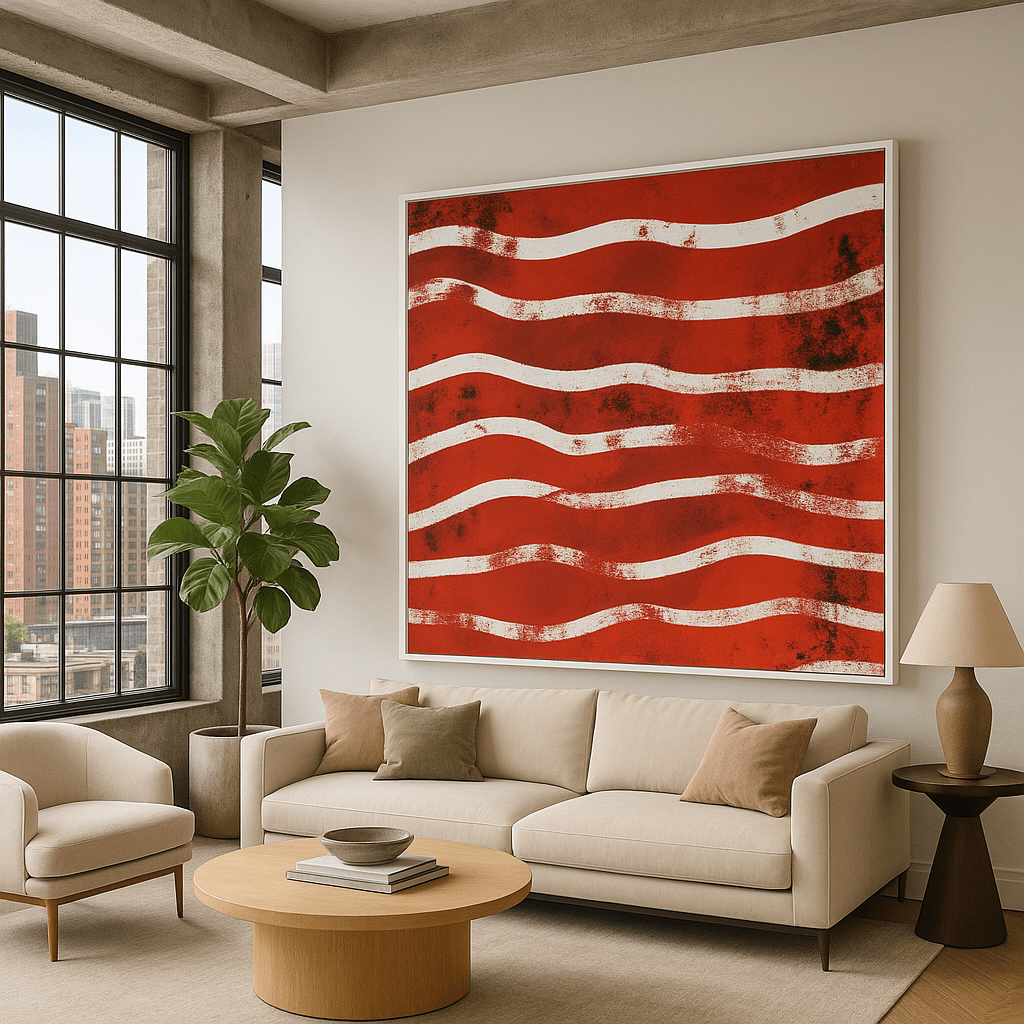Canvas Print : "Waves of Passion" - Line Abstract Wall Art Print modern abstract canvas wall art by Rossetti Art β luxury interior design artwork for living room, bedroom, office β Abstract Red and White Wall Art contemporary art piece Contemporary Canvas Art