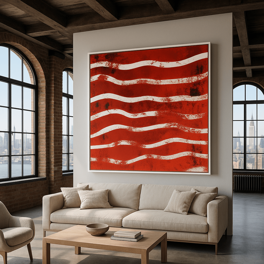 Canvas Print : "Waves of Passion" - Line Abstract Wall Art Print modern abstract canvas wall art by Rossetti Art β luxury interior design artwork for living room, bedroom, office β Abstract Red and White Wall Art contemporary art piece Contemporary Canvas Art
