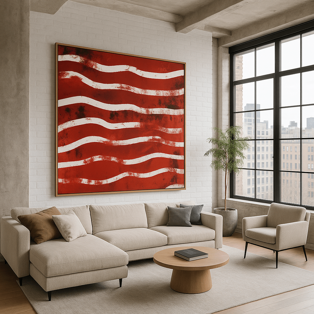Canvas Print : "Waves of Passion" - Line Abstract Wall Art Print modern abstract canvas wall art by Rossetti Art β luxury interior design artwork for living room, bedroom, office β Abstract Red and White Wall Art contemporary art piece Contemporary Canvas Art