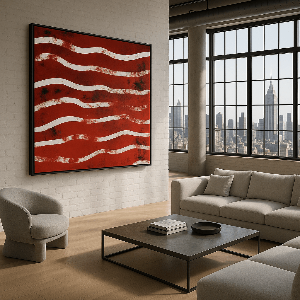 Canvas Print : "Waves of Passion" - Line Abstract Wall Art Print modern abstract canvas wall art by Rossetti Art β luxury interior design artwork for living room, bedroom, office β Abstract Red and White Wall Art contemporary art piece Contemporary Canvas Art