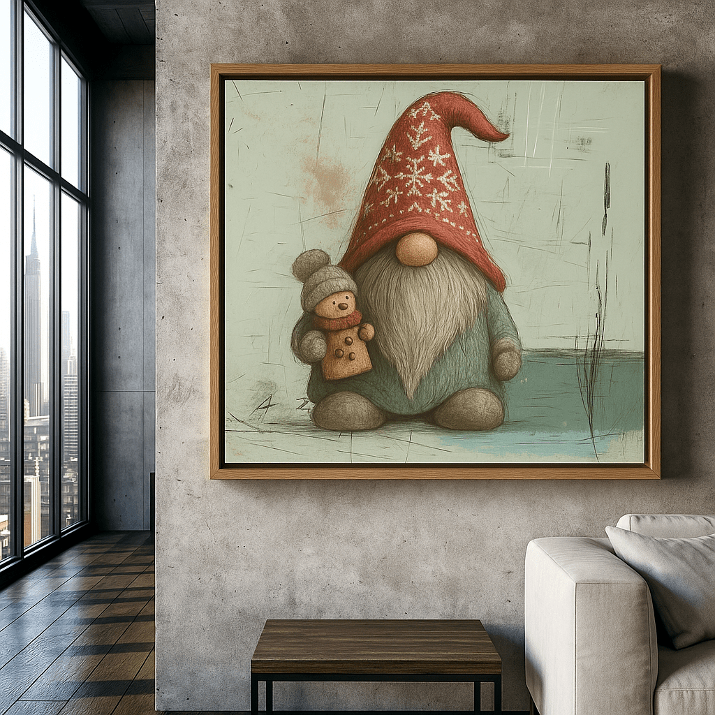 Canvas Print: Winter Gnome – Handcrafted Christmas Art Print with Nordic Charm | Rossetti Art modern abstract canvas wall art by Rossetti Art – luxury interior design artwork for living room, bedroom, office – abstract wall art canvas print art Chiara Rossetti