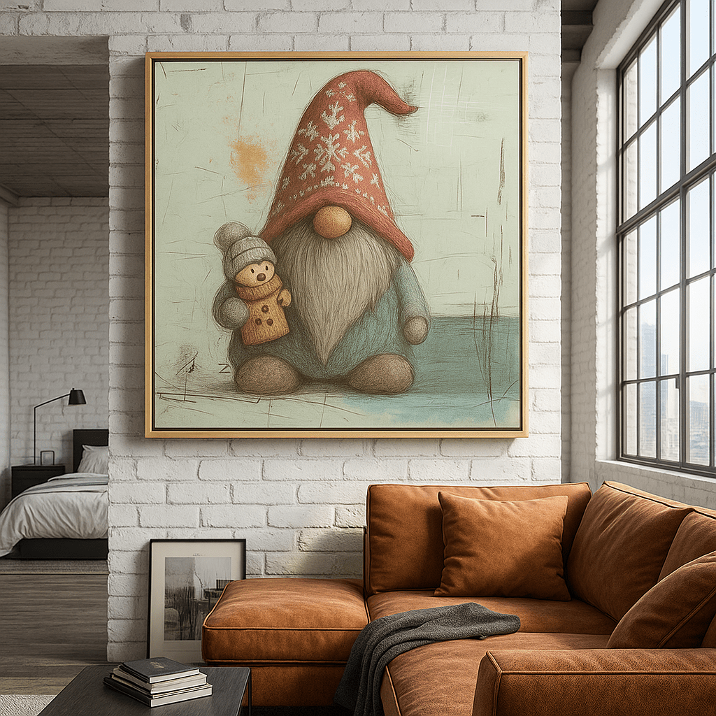 Canvas Print: Winter Gnome – Handcrafted Christmas Art Print with Nordic Charm | Rossetti Art modern abstract canvas wall art by Rossetti Art – luxury interior design artwork for living room, bedroom, office – abstract wall art canvas print art Chiara Rossetti