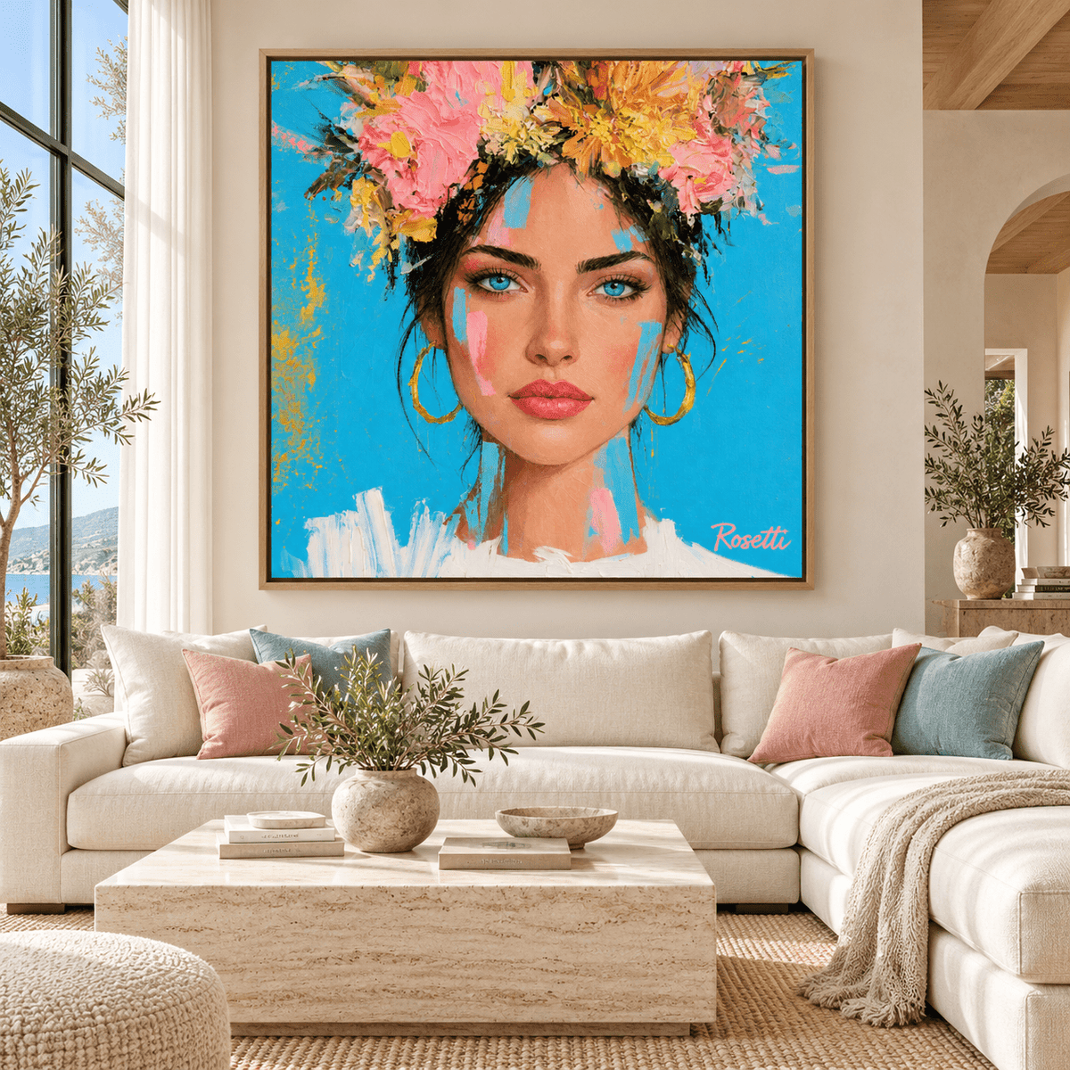 Woman With Flowers Painting Canvas Print — Azure Bloom modern abstract canvas wall art by Rossetti Art – luxury interior design artwork for living room, bedroom, office – Bedroom Canvas Prints Dining Room Wall Art figurative