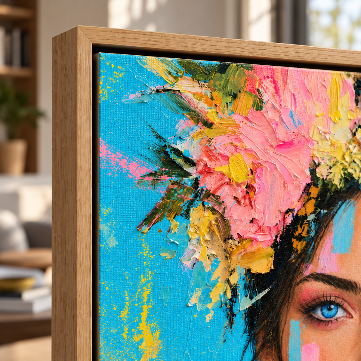 Close-up corner of the Azure Bloom woman with flowers painting canvas print in a hardwood floater frame