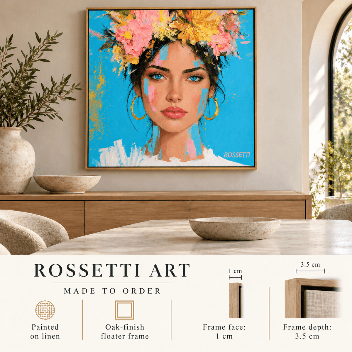 Woman With Flowers Painting Canvas Print — Azure Bloom modern abstract canvas wall art by Rossetti Art – luxury interior design artwork for living room, bedroom, office – Bedroom Canvas Prints Dining Room Wall Art figurative
