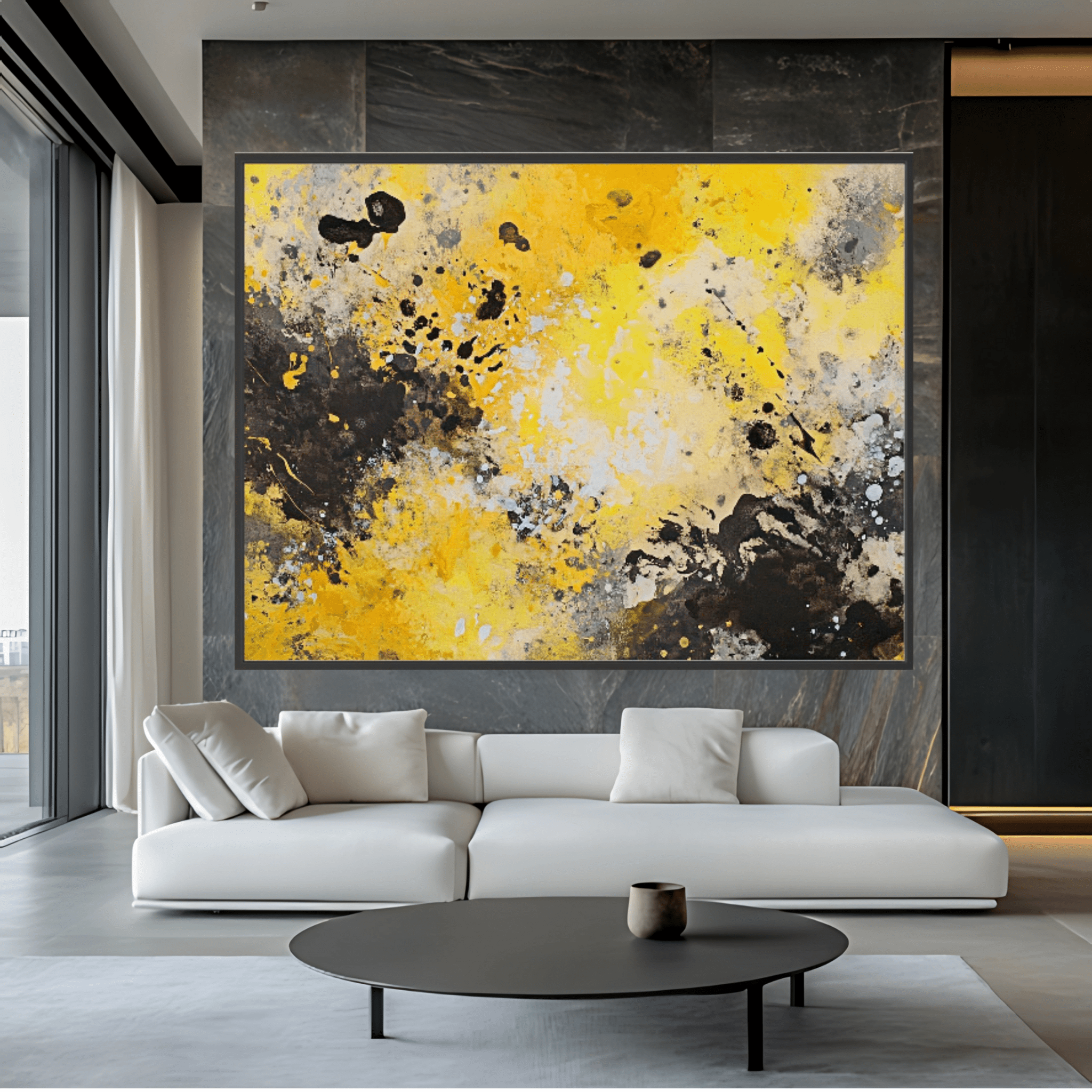Canvas Print: "Yellow Chaos" - Abstract Splatter Art on Canvas modern abstract canvas wall art by Rossetti Art – luxury interior design artwork for living room, bedroom, office – Contemporary Art for Sale contemporary art piece Contemporary Canvas Art