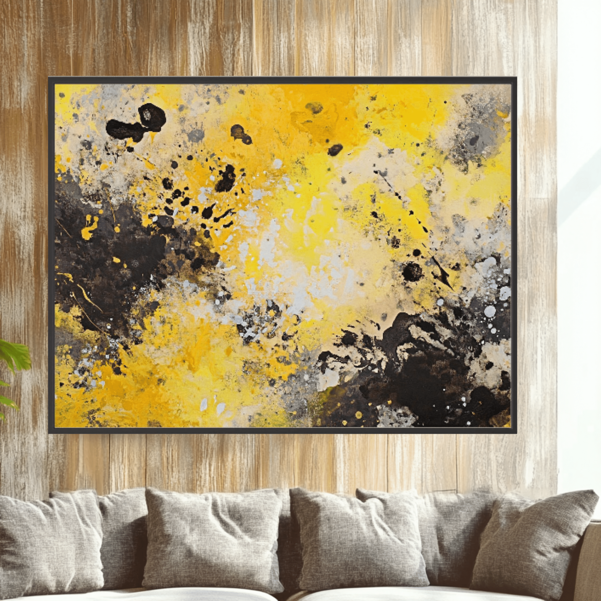 Canvas Print: "Yellow Chaos" - Abstract Splatter Art on Canvas modern abstract canvas wall art by Rossetti Art – luxury interior design artwork for living room, bedroom, office – Contemporary Art for Sale contemporary art piece Contemporary Canvas Art