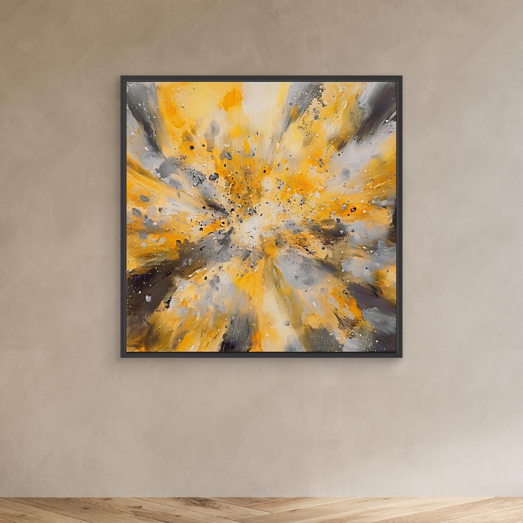 Canvas Print: "Yellow Golden Explosion" - Abstract Energy Burst Wall Art modern abstract canvas wall art by Rossetti Art – luxury interior design artwork for living room, bedroom, office – Abstract explosion canvas print Gold and black energy burst painting Large statement abstract canvas