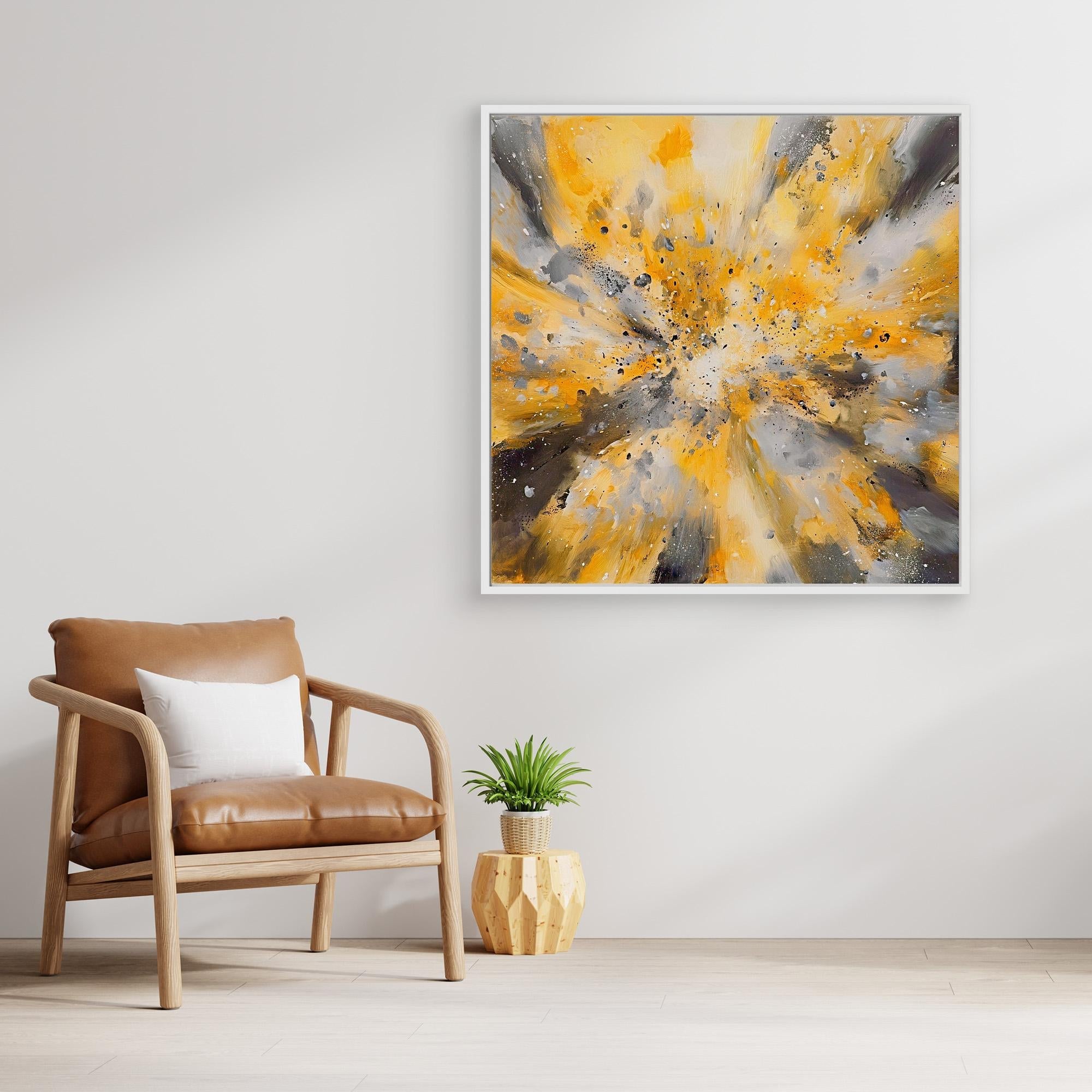 Canvas Print: "Yellow Golden Explosion" - Abstract Energy Burst Wall Art modern abstract canvas wall art by Rossetti Art – luxury interior design artwork for living room, bedroom, office – Abstract explosion canvas print Gold and black energy burst painting Large statement abstract canvas