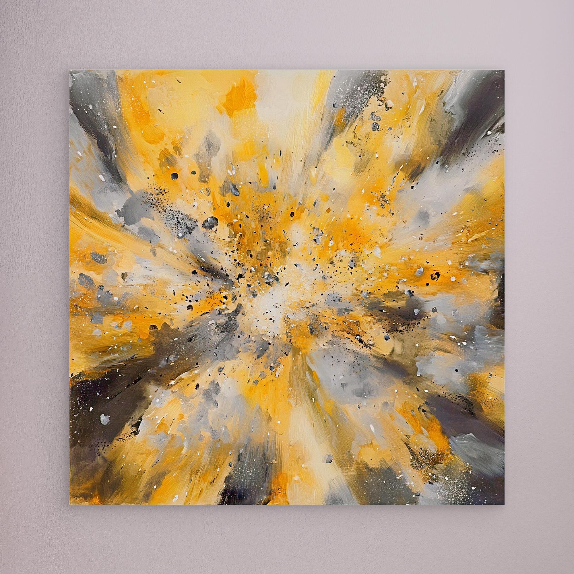 Canvas Print: "Yellow Golden Explosion" - Abstract Energy Burst Wall Art modern abstract canvas wall art by Rossetti Art – luxury interior design artwork for living room, bedroom, office – Abstract explosion canvas print Gold and black energy burst painting Large statement abstract canvas