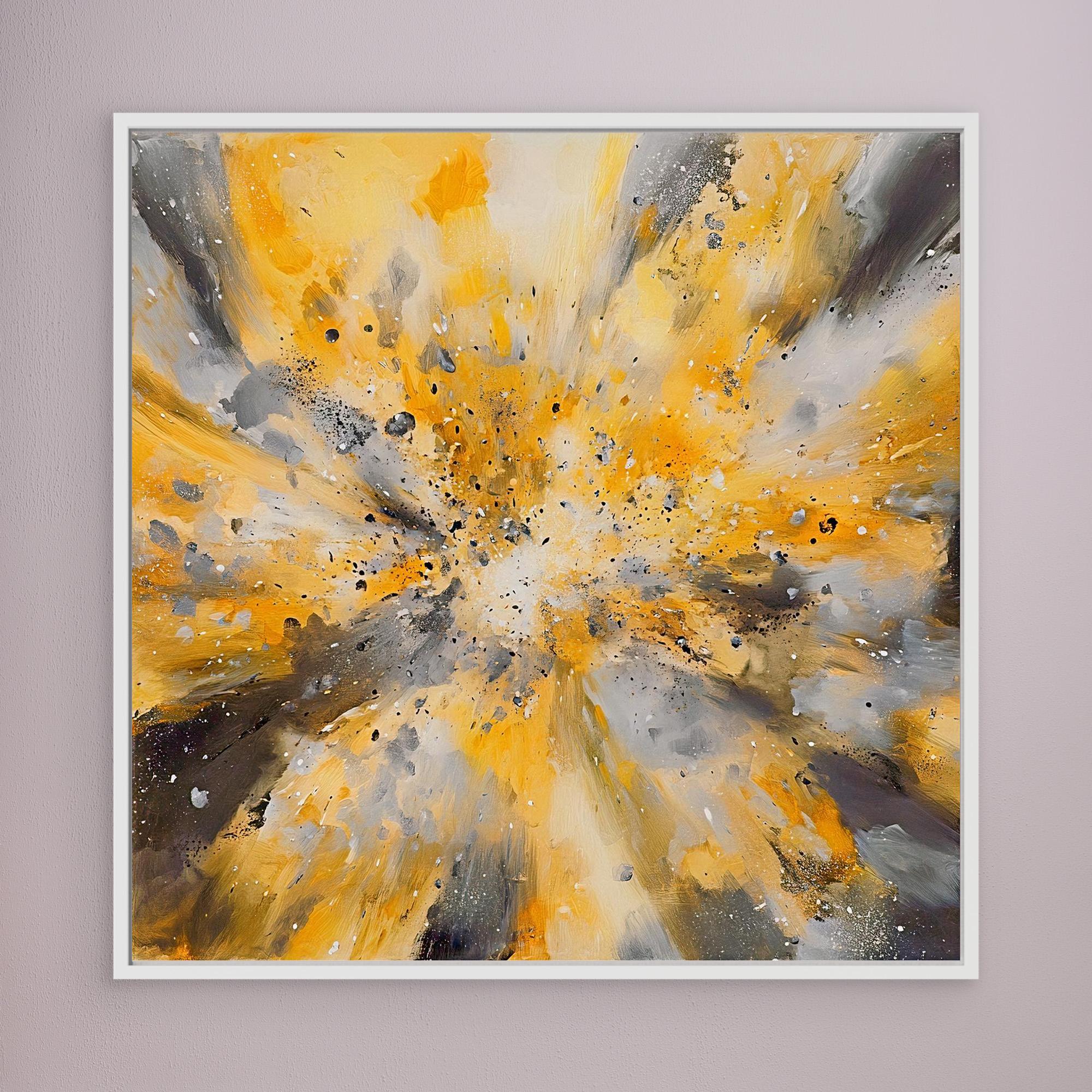 Canvas Print: "Yellow Golden Explosion" - Abstract Energy Burst Wall Art modern abstract canvas wall art by Rossetti Art – luxury interior design artwork for living room, bedroom, office – Abstract explosion canvas print Gold and black energy burst painting Large statement abstract canvas