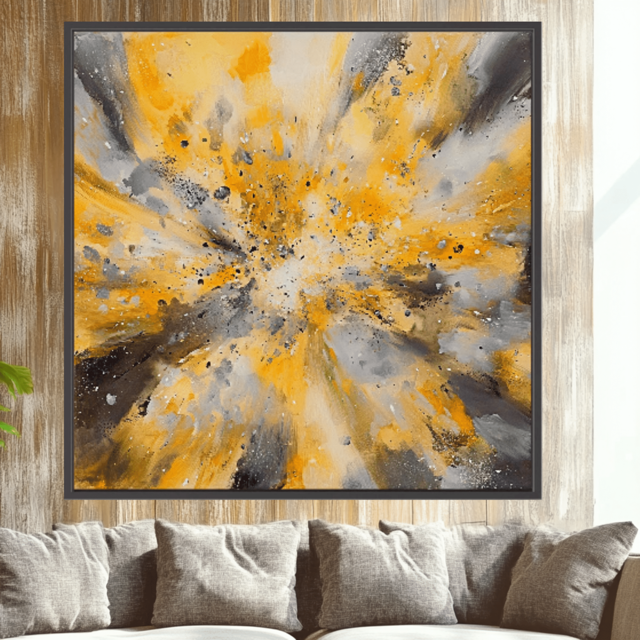 Canvas Print: "Yellow Golden Explosion" - Abstract Energy Burst Wall Art modern abstract canvas wall art by Rossetti Art – luxury interior design artwork for living room, bedroom, office – Abstract explosion canvas print Gold and black energy burst painting Large statement abstract canvas
