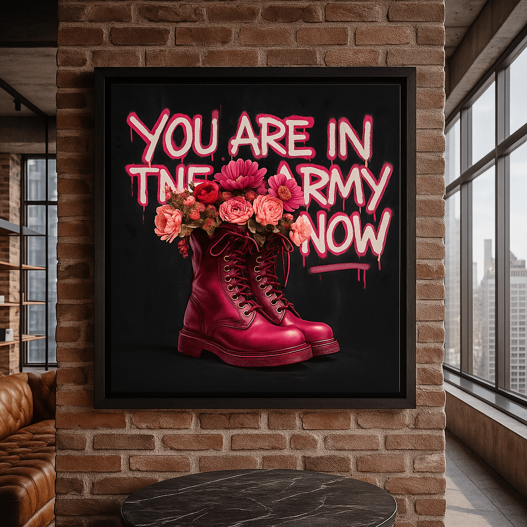 Canvas Print: You Are in the Army Now” – Bold Modern Graffiti Canvas Print with Pink Combat Boots & Flowers | Rossetti Art modern abstract canvas wall art by Rossetti Art – luxury interior design artwork for living room, bedroom, office – abstract wall art African silhouette canvas boho chic wall art