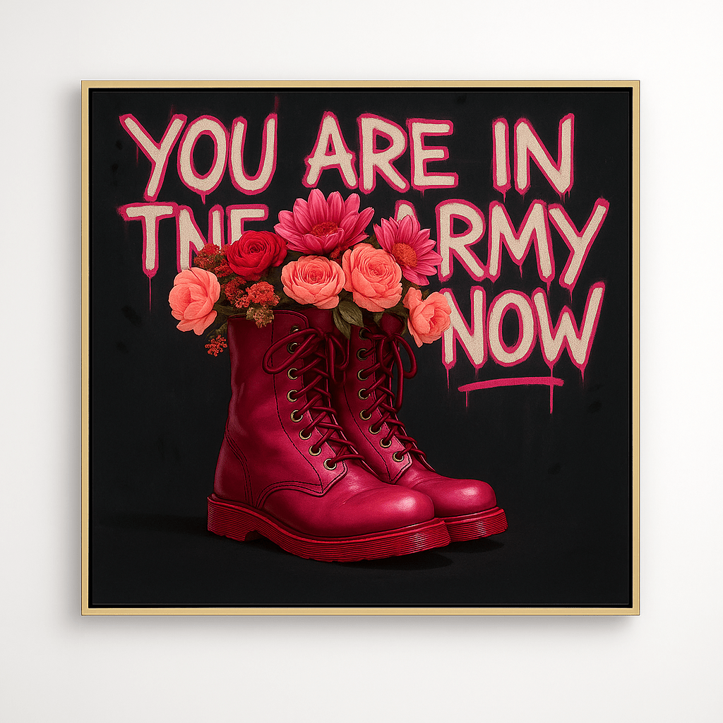 Canvas Print: You Are in the Army Now” – Bold Modern Graffiti Canvas Print with Pink Combat Boots & Flowers | Rossetti Art modern abstract canvas wall art by Rossetti Art – luxury interior design artwork for living room, bedroom, office – abstract wall art African silhouette canvas boho chic wall art