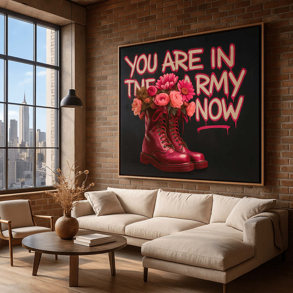 Canvas Print: You Are in the Army Now” – Bold Modern Graffiti Canvas Print with Pink Combat Boots & Flowers | Rossetti Art modern abstract canvas wall art by Rossetti Art – luxury interior design artwork for living room, bedroom, office – abstract wall art African silhouette canvas boho chic wall art