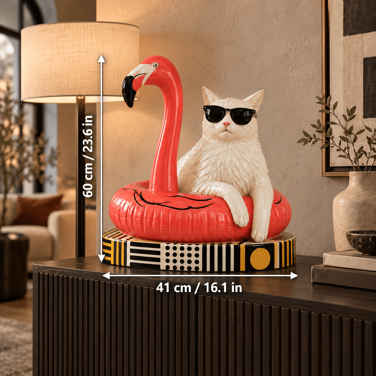 Cat sculpture dimensions – Cat on the Beach by Rossetti Art, H 60 cm (23.6 in) x W 41 cm (16.1 in)