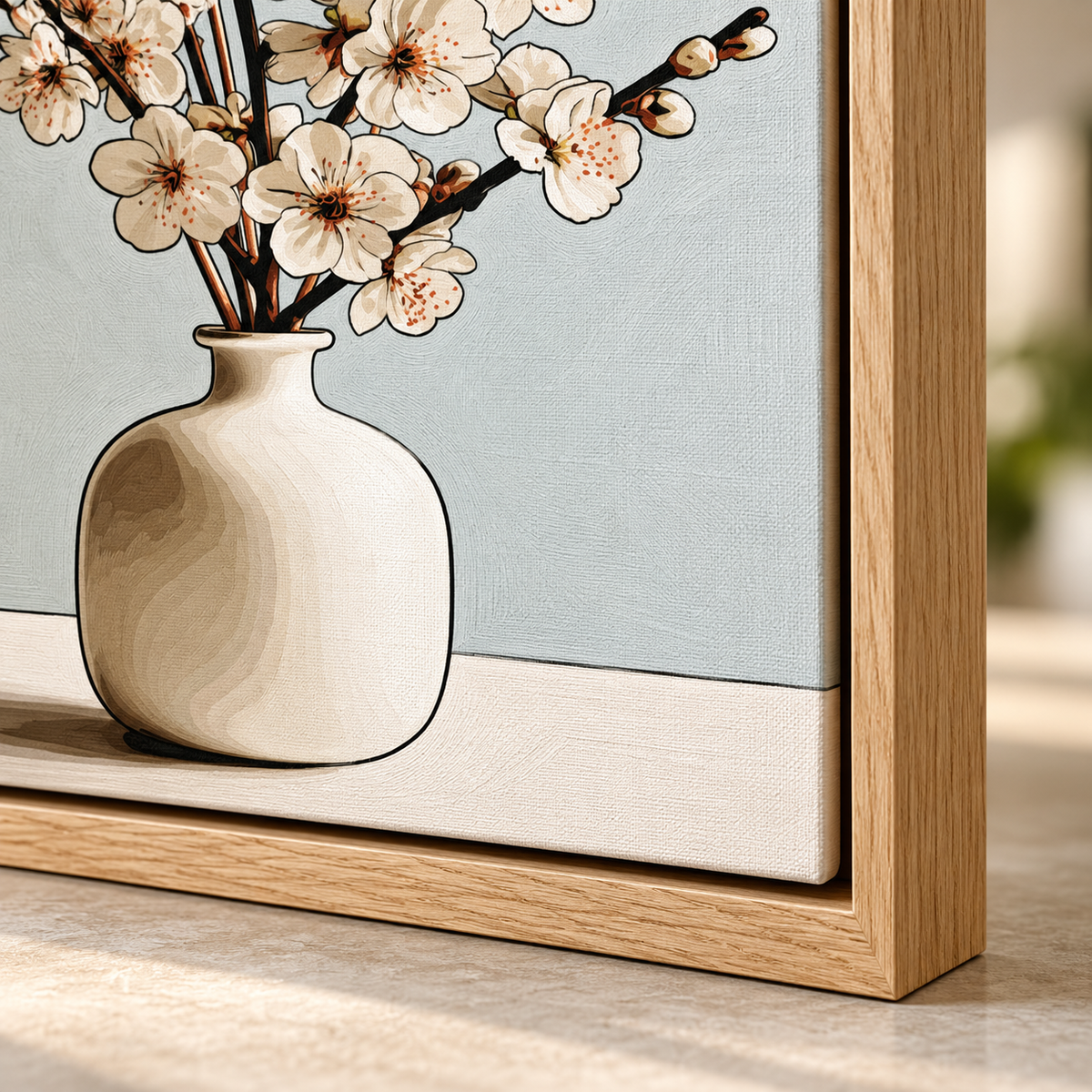 Cherry Blossom Wall Art – Porcelain Branch by Rossetti Art, close-up of the canvas texture and frame corner