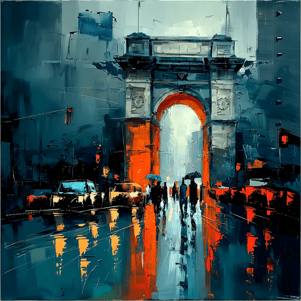 City of Reflections – Abstract Cityscape Painting by Chiara Rossetti modern abstract canvas wall art by Rossetti Art – luxury interior design artwork for living room, bedroom, office – original painting square abstract wall art square canvas art