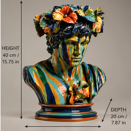 Classical Bust Sculpture – Painted Bloom dimensions and materials