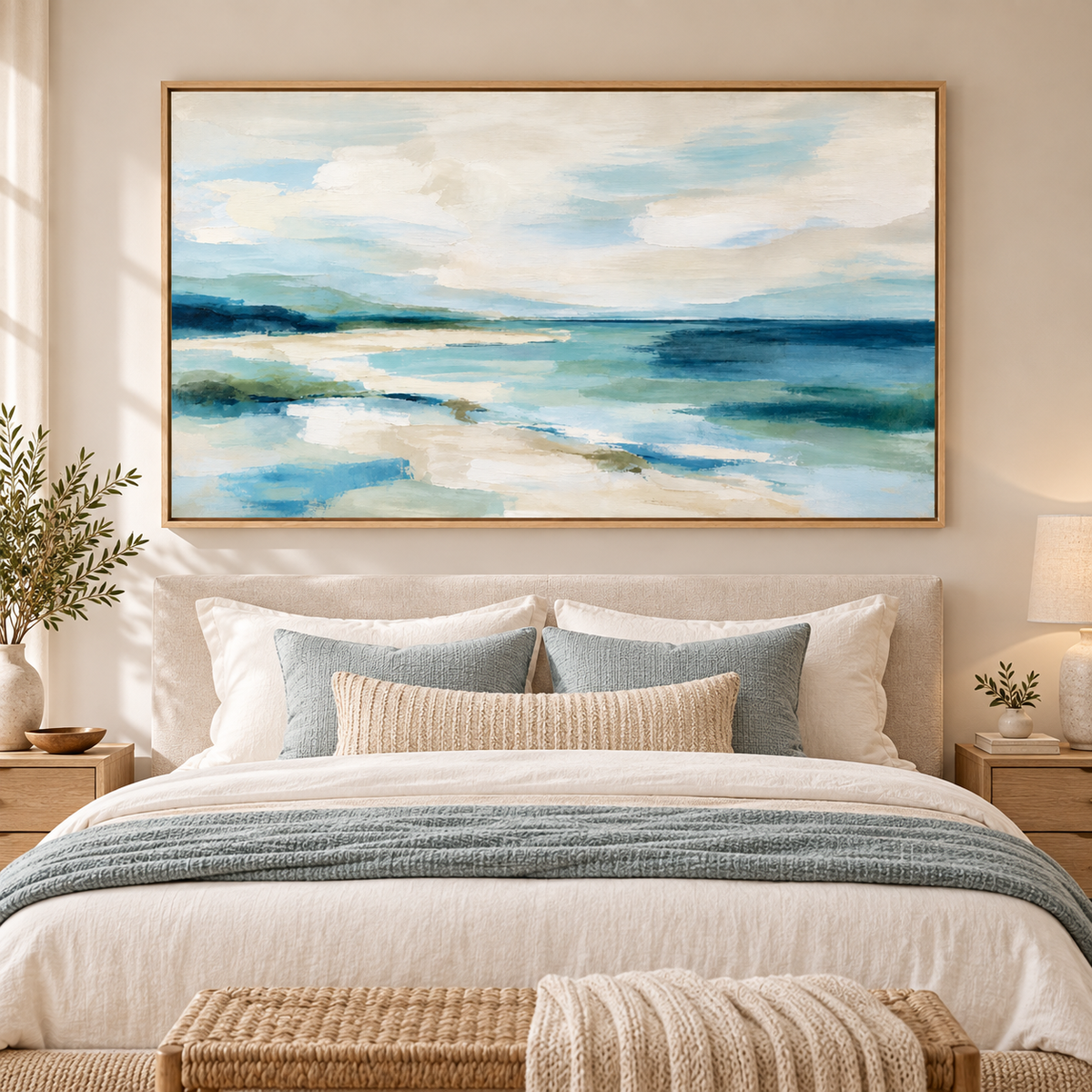 Coastal Canvas Wall Art – Quiet Shoreline canvas print above a bed in a bright bedroom, by Rossetti Art