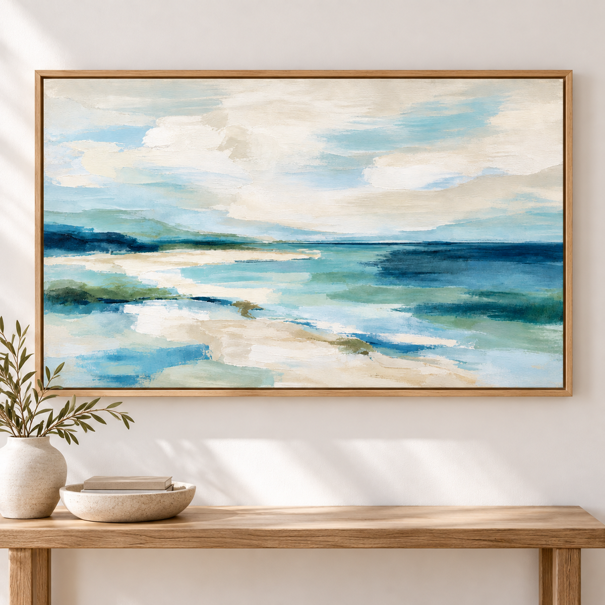 Coastal Canvas Wall Art – Quiet Shoreline canvas print above an entryway console, by Rossetti Art