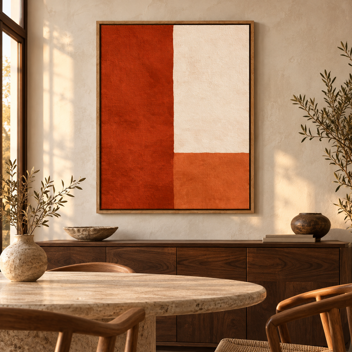 Color block art – Terra Divide orange and cream canvas print above a wooden sideboard in a dining room by Rossetti Art
