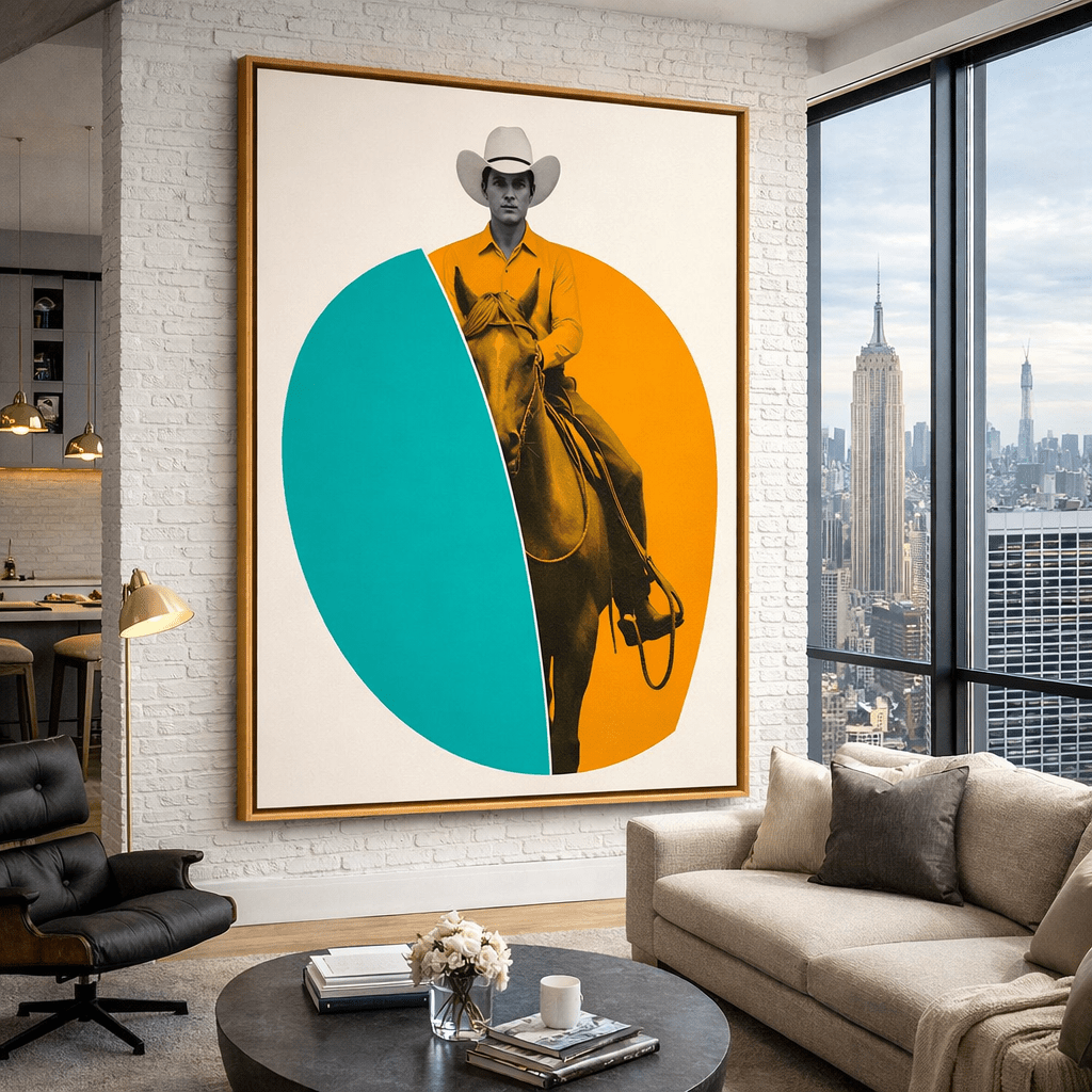 Cool Cowboy Wall Art – Bold Cowboy Silhouette Canvas Print modern abstract canvas wall art by Rossetti Art – luxury interior design artwork for living room, bedroom, office – figurative Poplar floater frame art ready to hang wall canvas