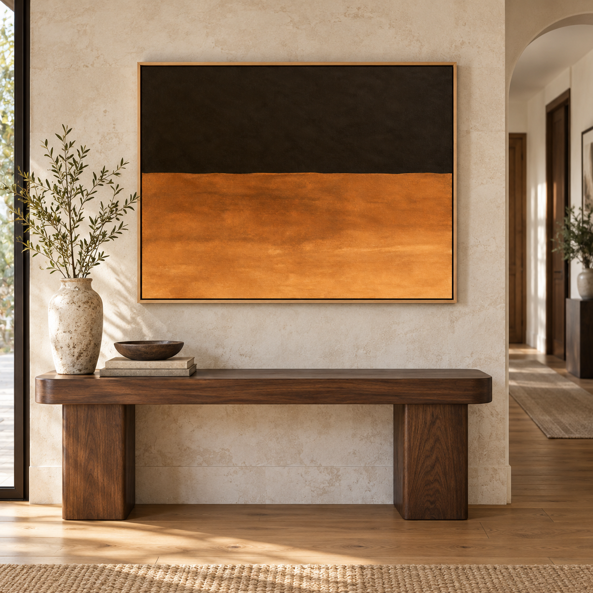 Copper Wall Art – Dusk Copper canvas print by Rossetti Art above a walnut console in an entryway