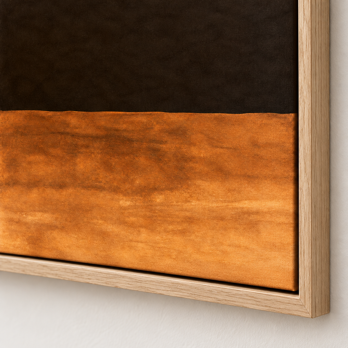 Copper Wall Art – Dusk Copper canvas print by Rossetti Art, close-up of the oak floater frame corner and copper tones