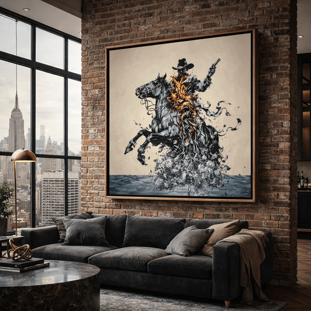 Cowboy and Horse Abstract Canvas Print – Modern Western Wall Art by Rossetti Art modern abstract canvas wall art by Rossetti Art – luxury interior design artwork for living room, bedroom, office – canvas print art Chiara Rossetti figurative
