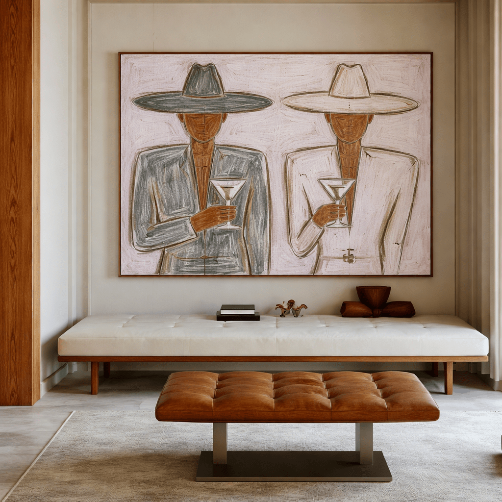 Cowboy Duet – Original Minimalist Figurative Painting in Sage, Ivory & Ochre | Chiara Rossetti Art modern abstract canvas wall art by Rossetti Art – luxury interior design artwork for living room, bedroom, office – figurative handmade wall art minimalist modern artwork
